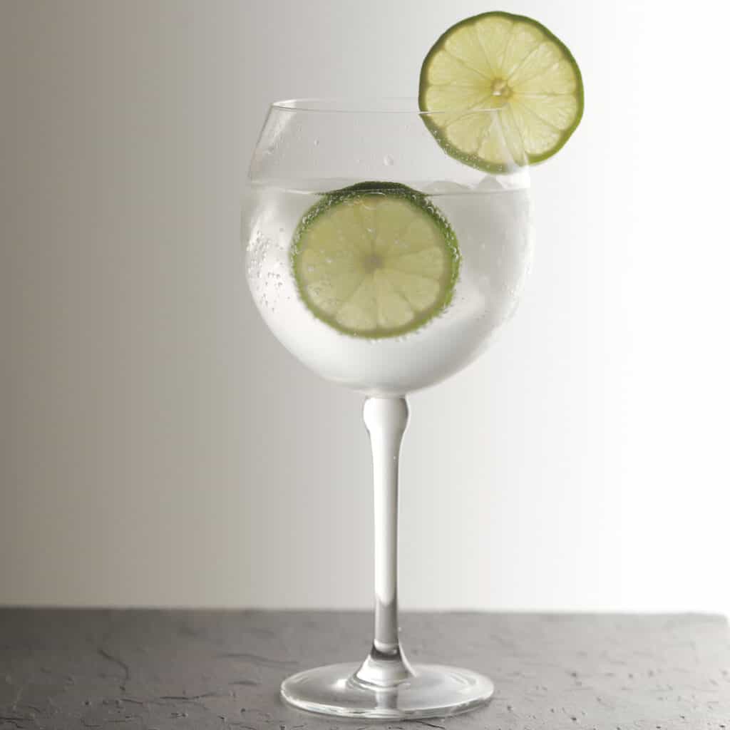 A gin and tonic cocktail shown in a deep bowled glass with lime slices
